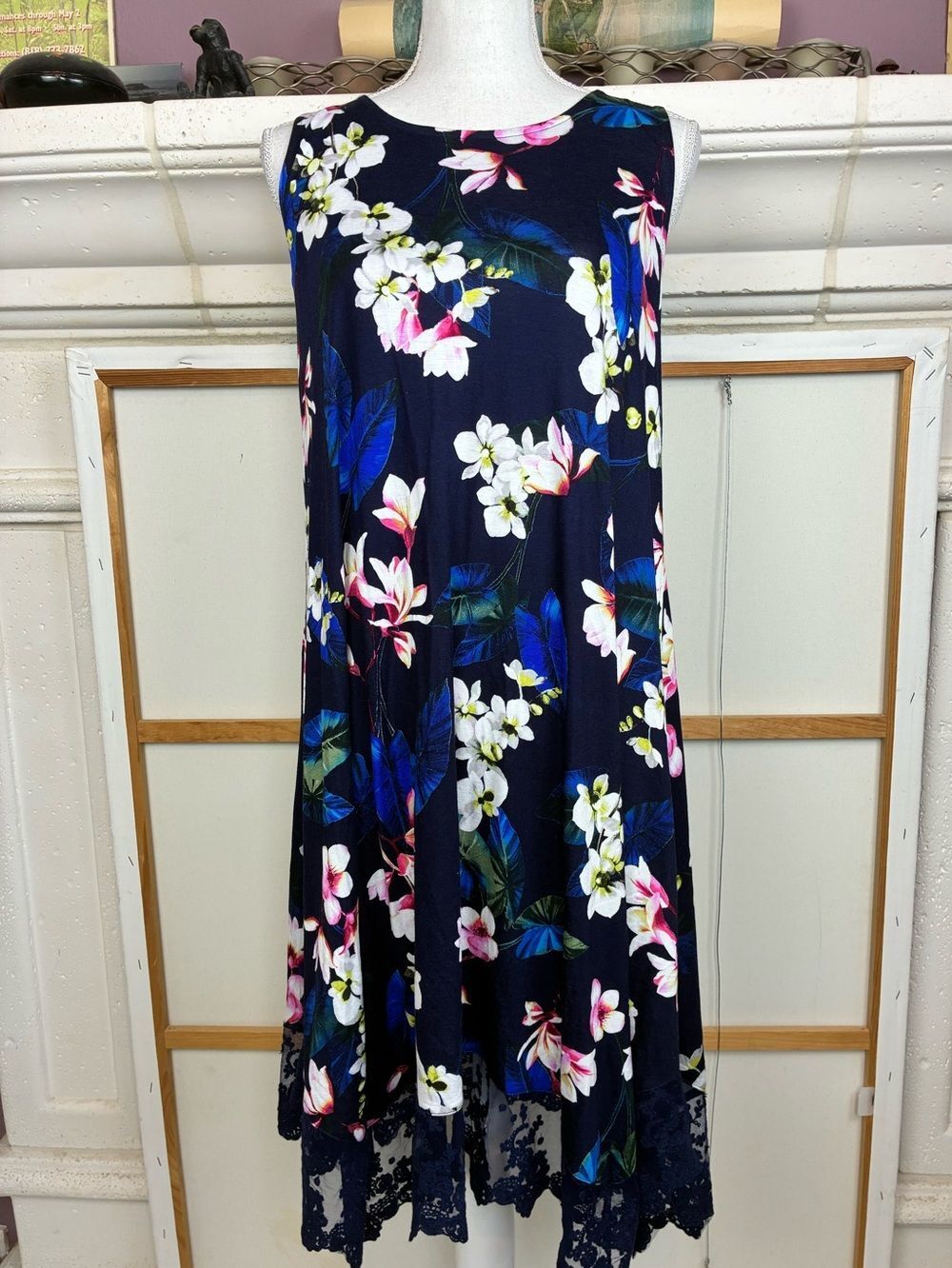 Spense NWT Floral A-Line Dress w/Pretty Lace Hem Tie Back Jersey yum!